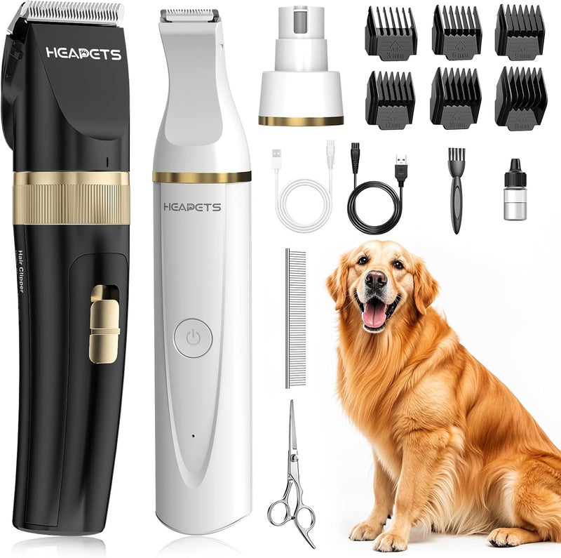 HEAPETS Dog Hair Clippers for Grooming Kit and Dog Paw Trimmer Nail Grinder for Grooming, Low Noise Rechargeable Cordless, Shaver Grooming Supplies for Pet Cats Dogs (Black, White) - Image 1